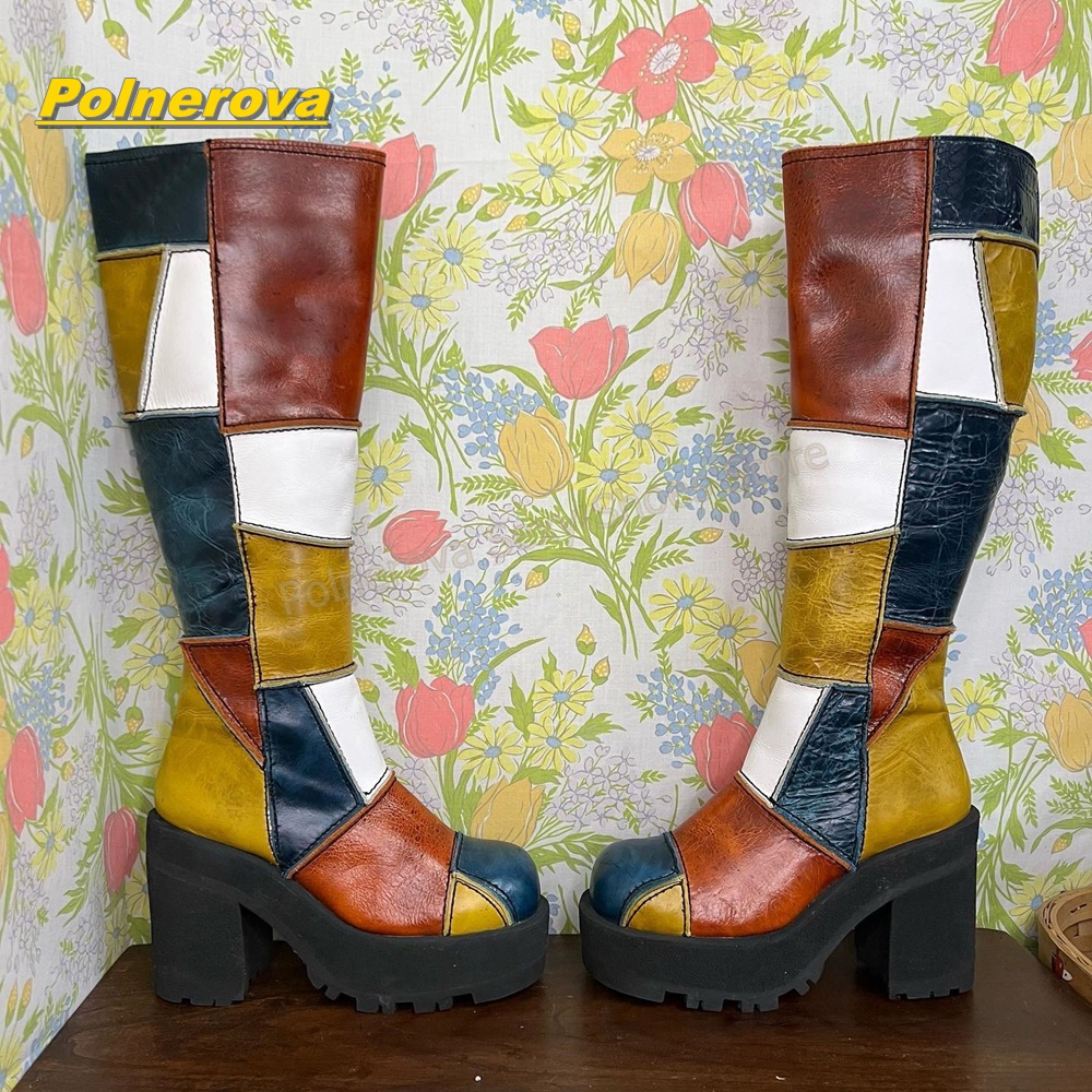 Vintage Fashion Y2K - Damen Retro Patchwork Leder Kniehohe Stiefel