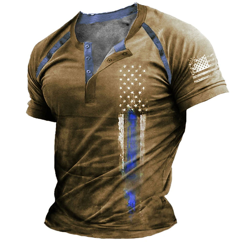 Vintage Old Fashion - Lustiges 3D-amerikanische-Flaggen-Print Herren-Henley-Shirt, modisches Henley-Kragen-Kurzarmshirt, Sommer-Streetwear,
