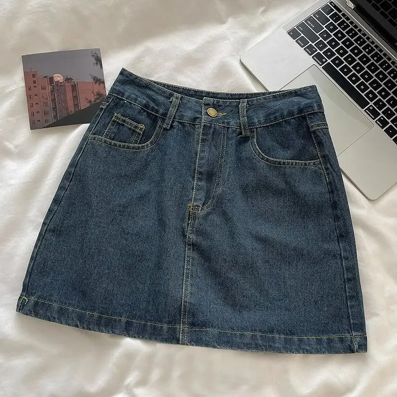 Vintage Fashion Y2K - Y2K Denim-Rock-Set: Vintage Japanischer Stil Knopfjacke