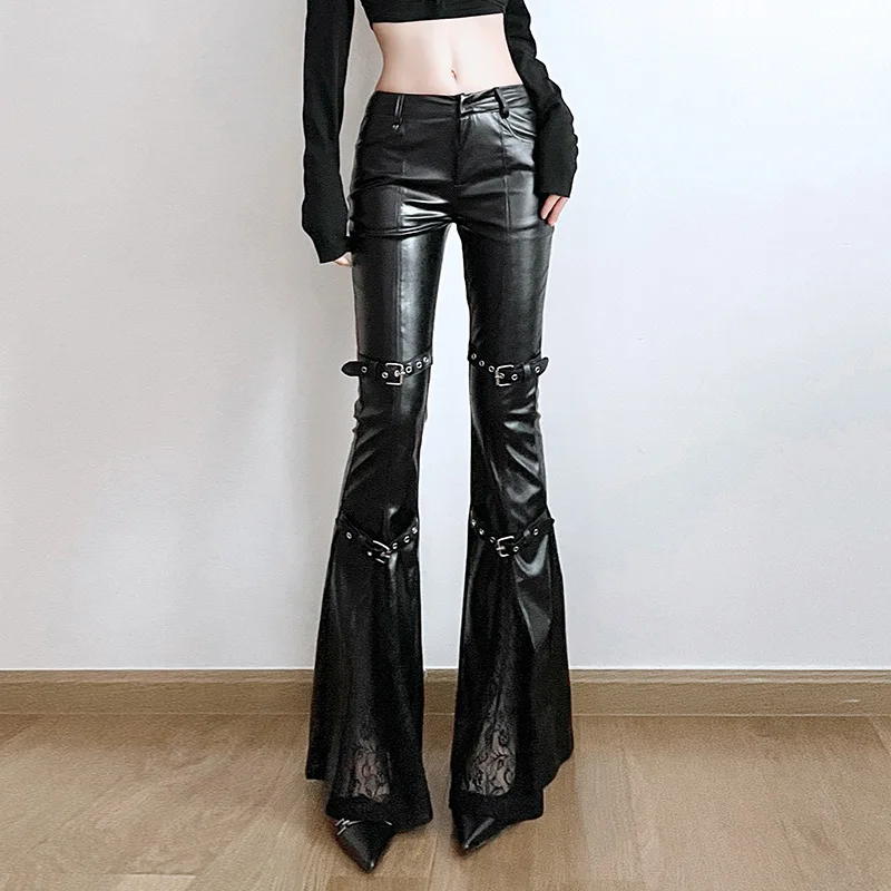 Vintage Fashion Y2K - Schlaghose aus PU-Leder für Damen, Gothic-Schnalle,
